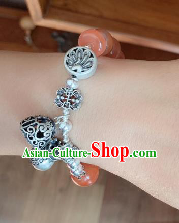 Handmade Chinese Agate Beads Wristlet Accessories National Bracelet Ethnic Silver Carving Bangle