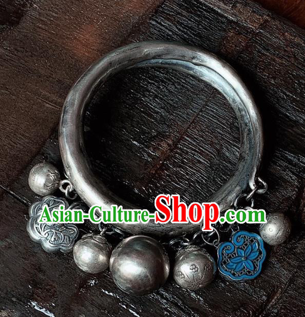 Handmade Chinese Ethnic Silver Bangle Wristlet Accessories National Blueing Lotus Bracelet