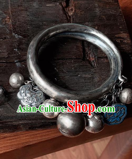 Handmade Chinese Ethnic Silver Bangle Wristlet Accessories National Blueing Lotus Bracelet