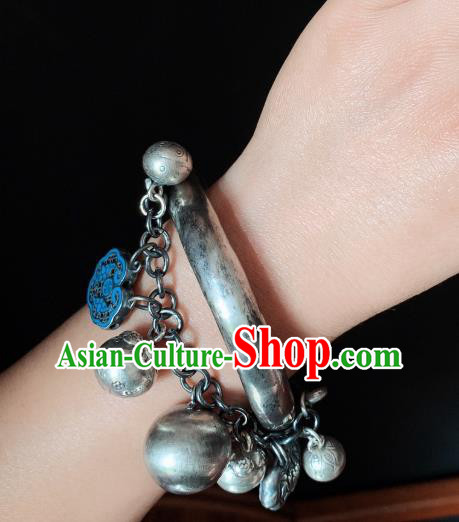 Handmade Chinese Ethnic Silver Bangle Wristlet Accessories National Blueing Lotus Bracelet