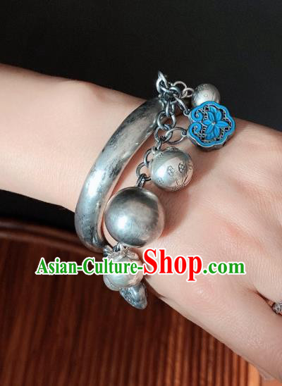 Handmade Chinese Ethnic Silver Bangle Wristlet Accessories National Blueing Lotus Bracelet