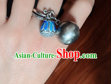 Chinese Handmade Ethnic Silver Ring National Blueing Lotus Seedpod Circlet Jewelry