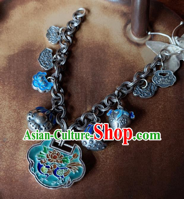 Handmade Chinese Ethnic Silver Carving Lotus Seedpod Bangle Wristlet Accessories National Blueing Phoenix Peony Bracelet