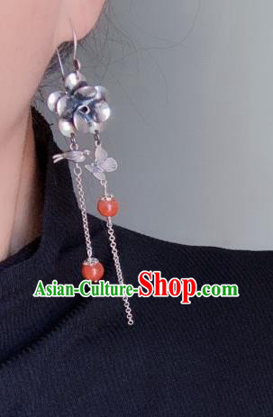 China National Long Tassel Earrings Traditional Cheongsam Silver Carving Flower Ear Accessories
