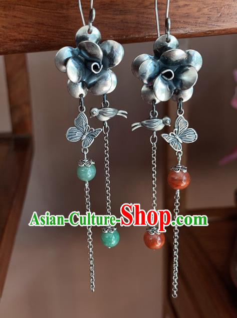 China National Long Tassel Earrings Traditional Cheongsam Silver Carving Flower Ear Accessories