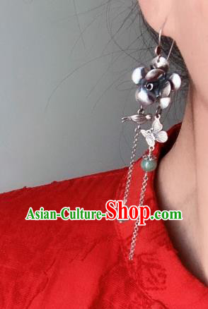 China National Long Tassel Earrings Traditional Cheongsam Silver Carving Flower Ear Accessories
