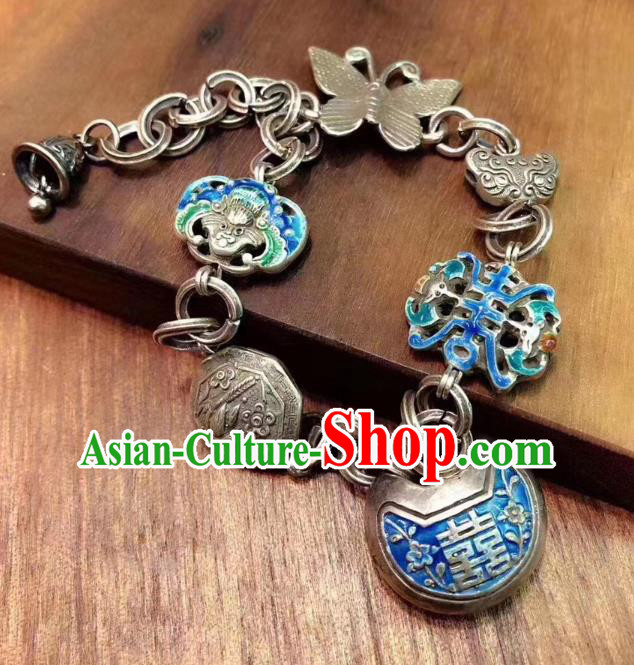 Handmade Chinese Ethnic Silver Carving Bat Bangle Wedding Wristlet Accessories National Blueing Bracelet
