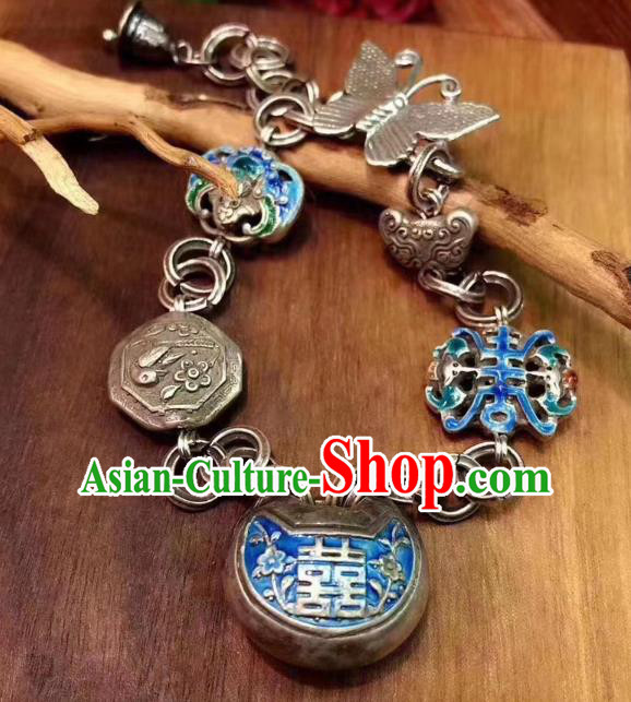 Handmade Chinese Ethnic Silver Carving Bat Bangle Wedding Wristlet Accessories National Blueing Bracelet