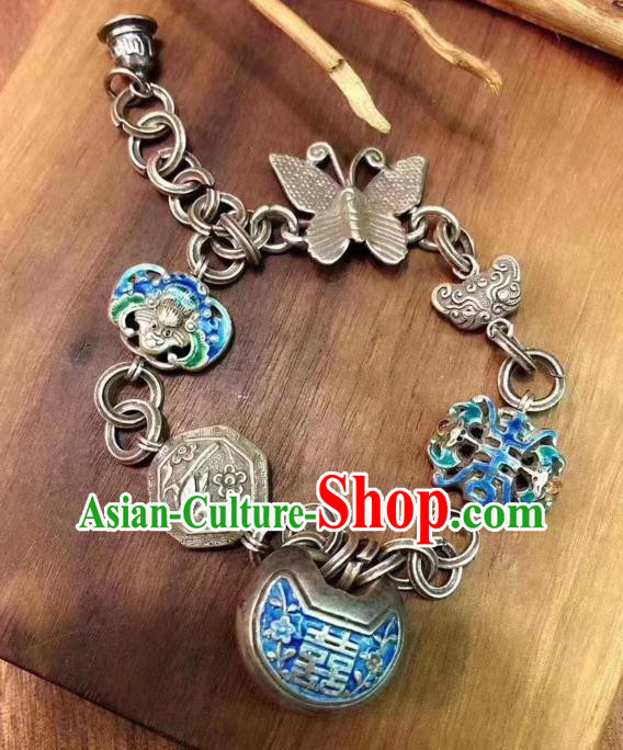 Handmade Chinese Ethnic Silver Carving Bat Bangle Wedding Wristlet Accessories National Blueing Bracelet