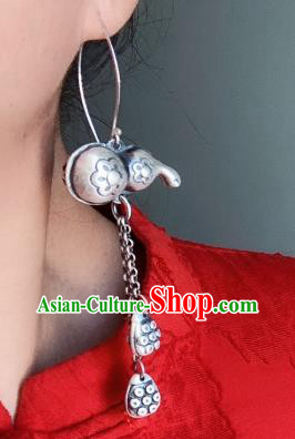 China Traditional Cheongsam Ear Accessories National Silver Carving Gourd Earrings