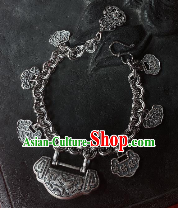 Handmade Chinese Ethnic Carving Peony Bangle Wedding Wristlet Accessories National Silver Lock Bracelet