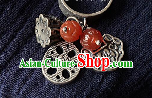 Chinese Handmade Ethnic Agate Lotus Ring National Silver Carving Circlet Jewelry