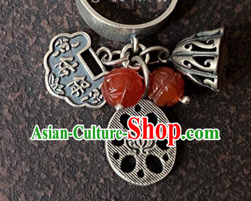 Chinese Handmade Ethnic Agate Lotus Ring National Silver Carving Circlet Jewelry