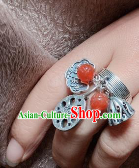 Chinese Handmade Ethnic Agate Lotus Ring National Silver Carving Circlet Jewelry