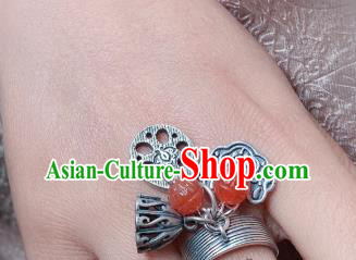 Chinese Handmade Ethnic Agate Lotus Ring National Silver Carving Circlet Jewelry