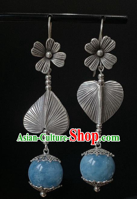 China Traditional Cheongsam Aquamarine Ear Accessories National Silver Earrings