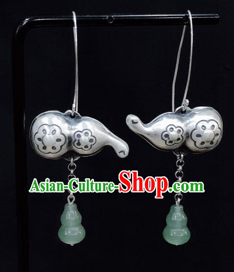 China National Jade Gourd Earrings Traditional Cheongsam Silver Carving Ear Accessories