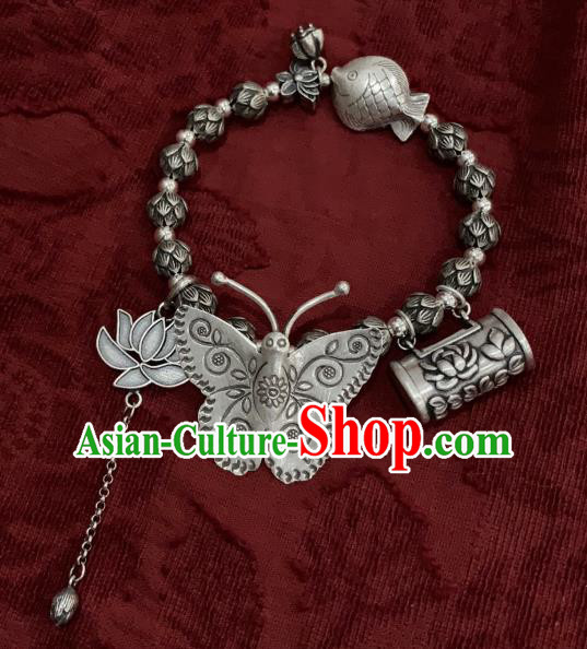 Handmade Chinese Wristlet Accessories Ethnic Carving Lock Bangle National Silver Butterfly Lotus Bracelet