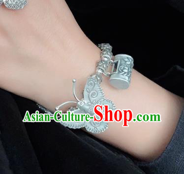 Handmade Chinese Wristlet Accessories Ethnic Carving Lock Bangle National Silver Butterfly Lotus Bracelet