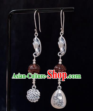 China National Carving Silver Earrings Traditional Cheongsam Rosewood Lotus Ear Accessories