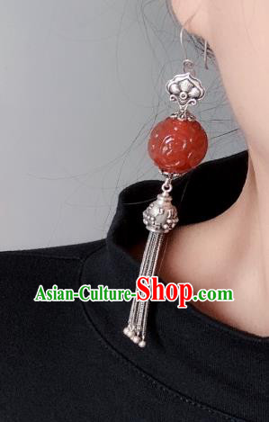 China Traditional Cheongsam Agate Carving Ear Accessories National Silver Tassel Earrings