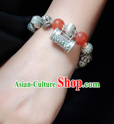 Handmade Chinese Agate Carving Wristlet Accessories Ethnic Bangle National Silver Lock Bracelet