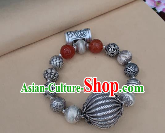 Handmade Chinese Agate Carving Wristlet Accessories Ethnic Bangle National Silver Lock Bracelet