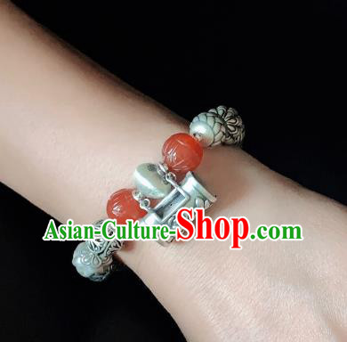 Handmade Chinese Agate Carving Wristlet Accessories Ethnic Bangle National Silver Lock Bracelet