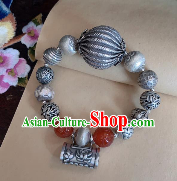Handmade Chinese Agate Carving Wristlet Accessories Ethnic Bangle National Silver Lock Bracelet