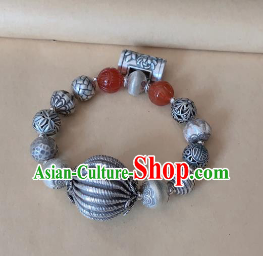 Handmade Chinese Agate Carving Wristlet Accessories Ethnic Bangle National Silver Lock Bracelet