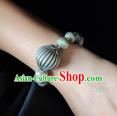 Handmade Chinese Agate Carving Wristlet Accessories Ethnic Bangle National Silver Lock Bracelet