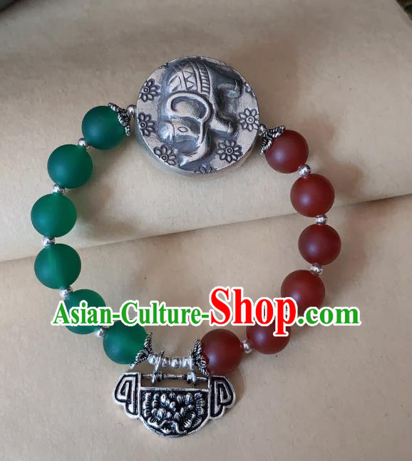 Handmade Chinese Silver Carving Lock Wristlet Accessories Ethnic Bangle National Beads Bracelet