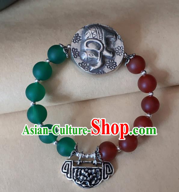 Handmade Chinese Silver Carving Lock Wristlet Accessories Ethnic Bangle National Beads Bracelet
