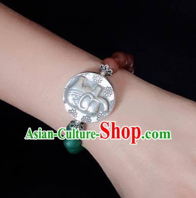 Handmade Chinese Silver Carving Lock Wristlet Accessories Ethnic Bangle National Beads Bracelet