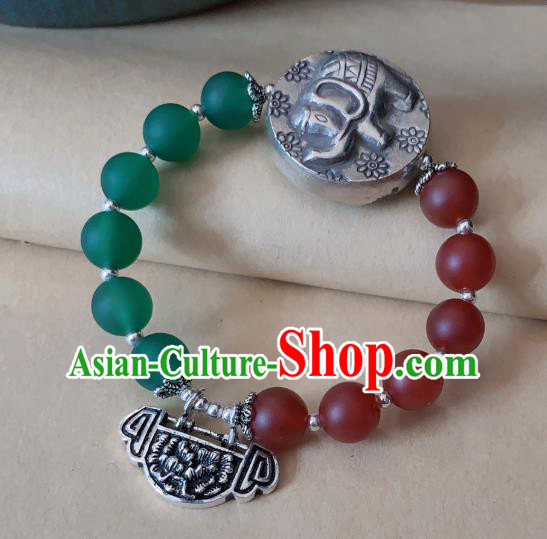 Handmade Chinese Silver Carving Lock Wristlet Accessories Ethnic Bangle National Beads Bracelet