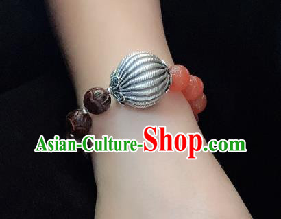Handmade Chinese Agate Beads Wristlet Accessories Ethnic Silver Bangle National Rosewood Bracelet