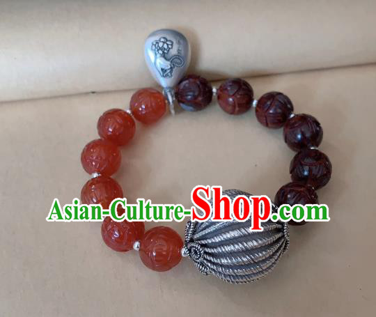 Handmade Chinese Agate Beads Wristlet Accessories Ethnic Silver Bangle National Rosewood Bracelet