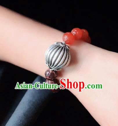 Handmade Chinese Agate Beads Wristlet Accessories Ethnic Silver Bangle National Rosewood Bracelet