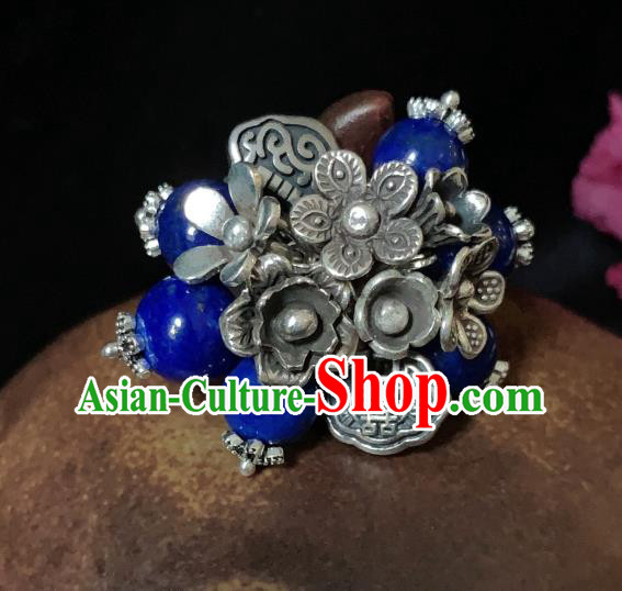 Chinese Handmade Ethnic Lapis Beads Ring National Wedding Silver Plum Circlet Jewelry