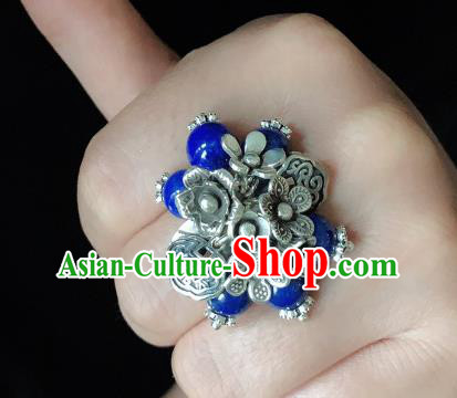 Chinese Handmade Ethnic Lapis Beads Ring National Wedding Silver Plum Circlet Jewelry