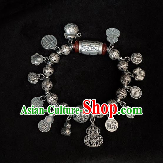 Handmade Chinese Silver Carving Wristlet Accessories Ethnic Agate Bangle National Wedding Bracelet