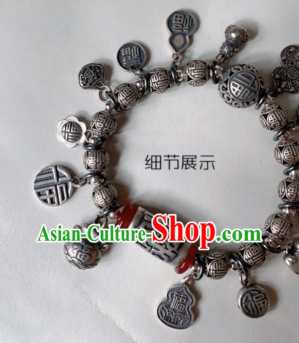 Handmade Chinese Silver Carving Wristlet Accessories Ethnic Agate Bangle National Wedding Bracelet