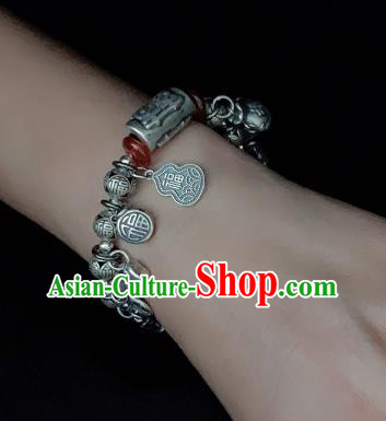 Handmade Chinese Silver Carving Wristlet Accessories Ethnic Agate Bangle National Wedding Bracelet