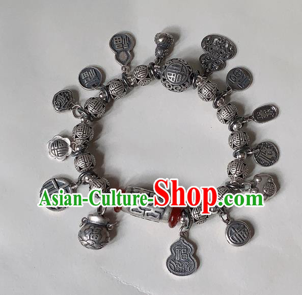 Handmade Chinese Silver Carving Wristlet Accessories Ethnic Agate Bangle National Wedding Bracelet