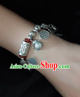 Handmade Chinese Silver Carving Wristlet Accessories Ethnic Agate Bangle National Wedding Bracelet