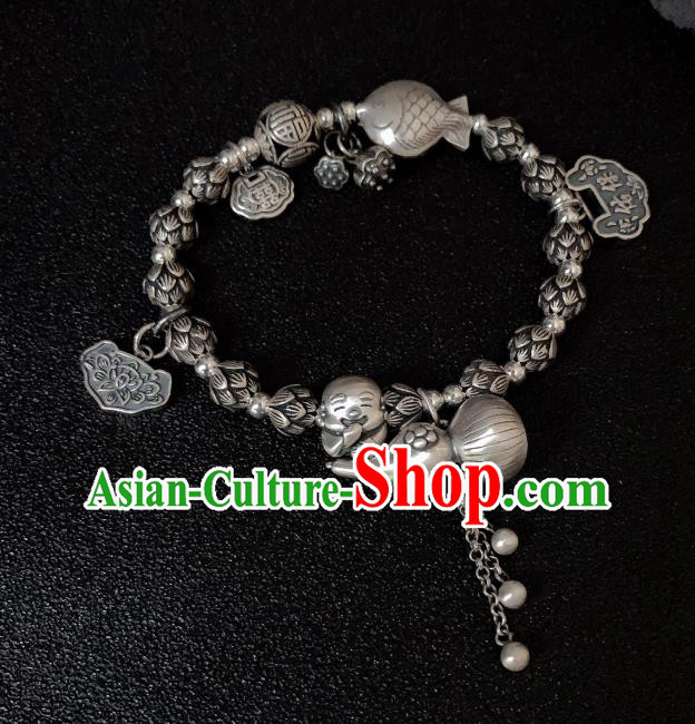 Handmade Chinese Ethnic Bangle National Wedding Bracelet Silver Gourd Wristlet Accessories