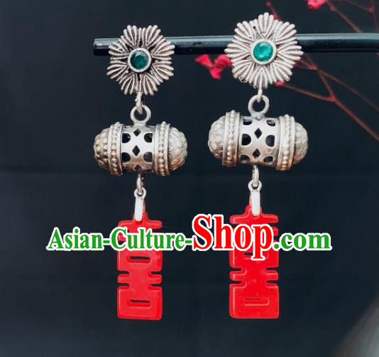 China National Silver Earrings Traditional Cheongsam Agate Ear Jewelry Wedding Accessories