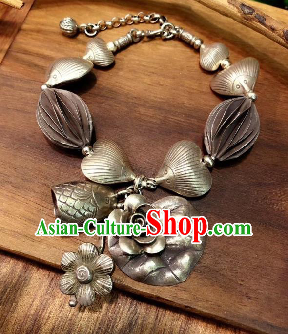 Handmade Chinese Ethnic Carving Fish Bangle National Silver Bracelet Wristlet Accessories