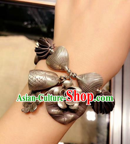 Handmade Chinese Ethnic Carving Fish Bangle National Silver Bracelet Wristlet Accessories
