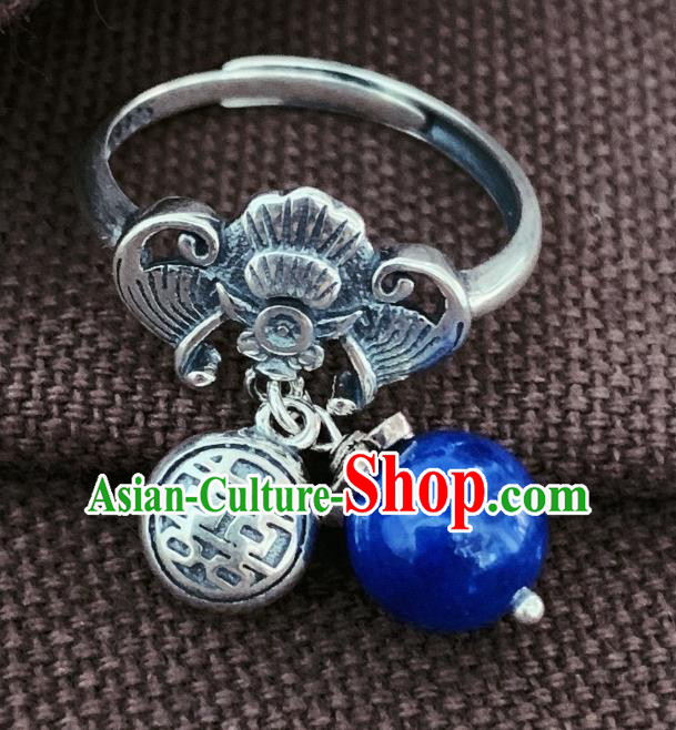 Chinese National Wedding Silver Carving Bat Circlet Jewelry Handmade Ethnic Lapis Ring